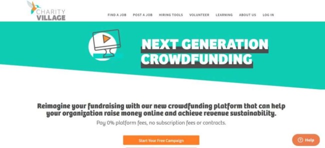 A home page screenshot from Charity Village as one of the best crowdfunding sites