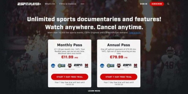 Sports live streaing websites: ESPN Player