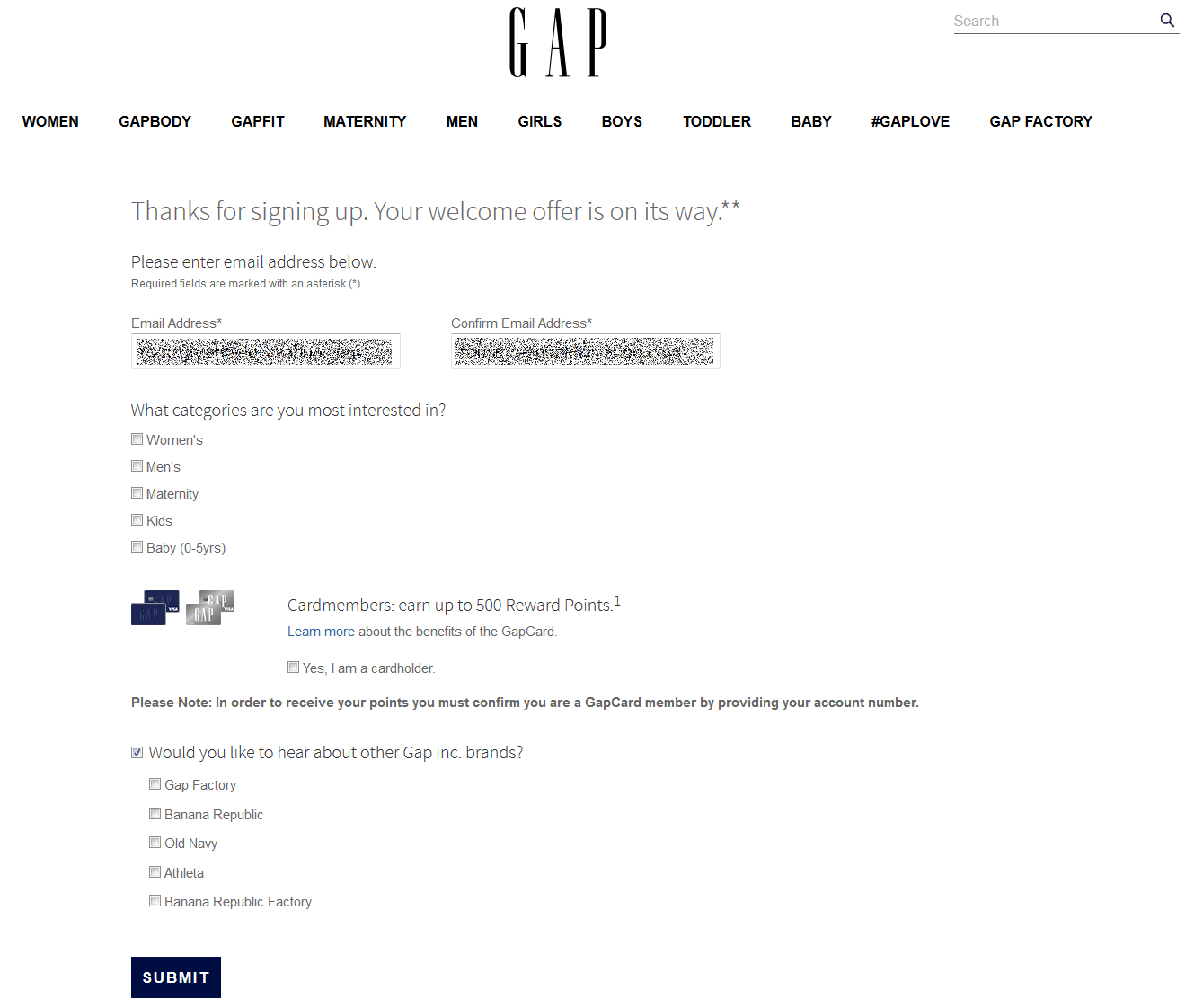 Gap ช่วยให้ผู้คนลงทะเบียนร่วมเพื่อรับฟังแบรนด์ Gap อื่น ๆ ได้