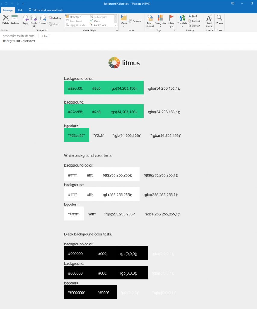 石蕊測試如何在 Outlook 中的 HTML 電子郵件中呈現背景顏色