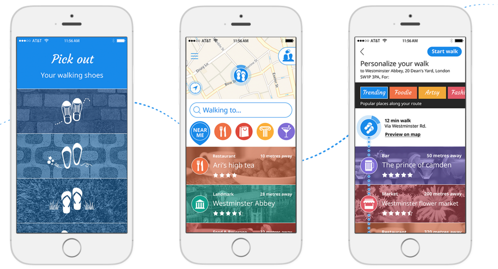 Sidekixアプリのさまざまな部分を画面に表示する一連の3つのスマートフォン。最初の靴には3足の靴があり、上部に「ウォーキングシューズを選んでください」というテキストが表示されています。次の画面は、ストリートマップを歩いているビーチサンダルのペアを示しています。その下には、レストラン、ショッピング、バーなど、さまざまな種類の場所を示す一連のアイコンがあります。近くにある2つの場所がリストされています。4つ星の評価を受けたレストランであるAriのハイティーと、4つ星の評価を受けたランドマークであるウェストミンスター寺院です。最後の画面には、「ウェストミンスター寺院への散歩をパーソナライズする」と表示され、途中で遭遇する可能性のある場所の一連のオプションが表示されます。