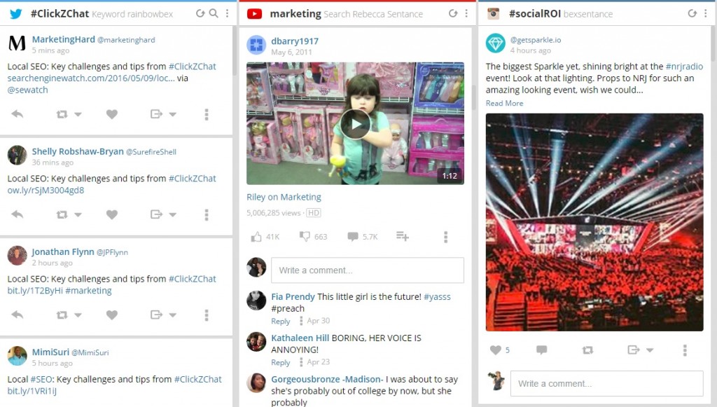 Hootsuiteからの3つのキーワードストリームのスクリーンショット。＃ClickZChatのTwitterストリーム、「マーケティング」について言及するYouTubeストリーム、＃SocialROIのInstagramストリームを示しています。