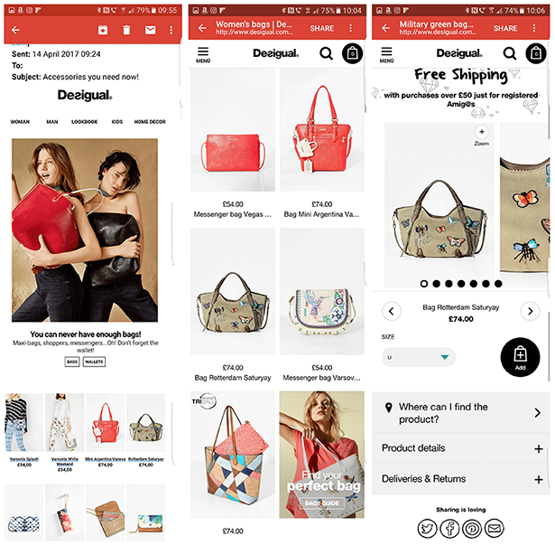 Aksesuarlar için Desigual abone e-posta kampanyasının mobil ekran görüntüleri, bir çanta için açılış sayfası ve ürün sayfası.