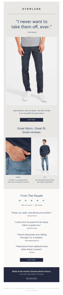 Avaliação de Everlane em exemplo de e-mails