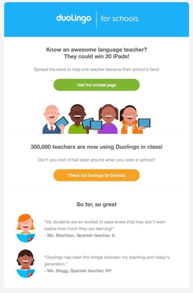 Exemplo de revisão do Duolingo em e-mails