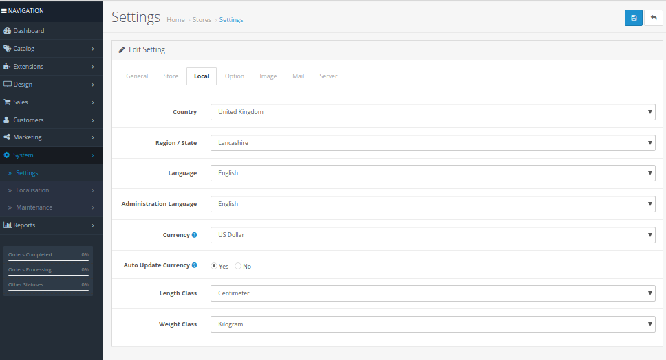 opencart ayarlarında yerel sekme