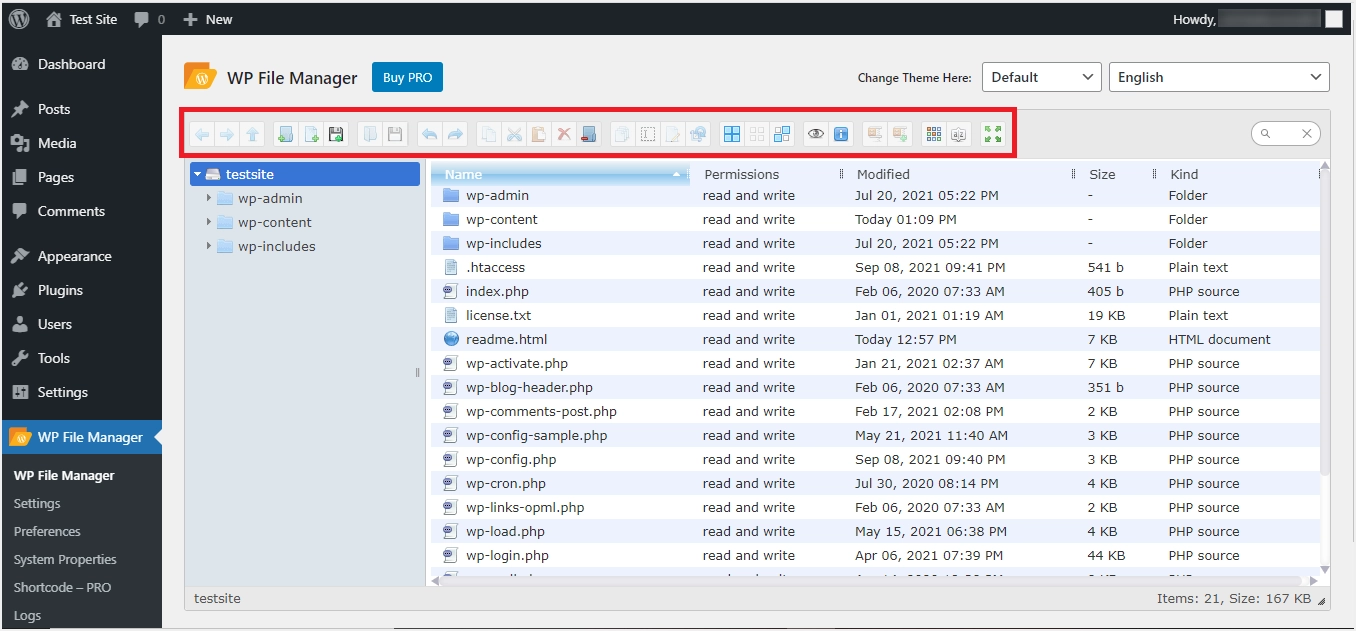 Secțiunea barei de instrumente a pluginului WP File Manager