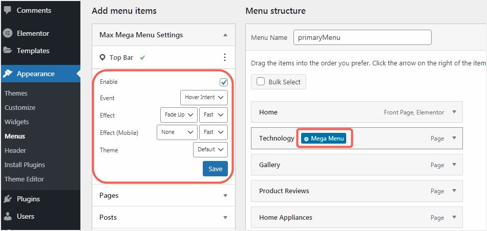 Personnaliser le méga menu