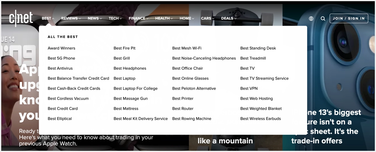 Mega Menu dans CNET