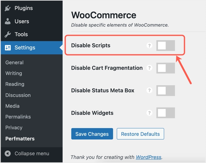 Désactiver WooCommerce dans Perfmatters