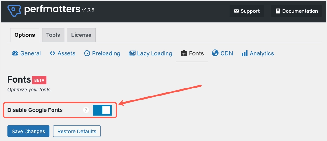 Désactiver les polices Google dans le plugin Perfmatters