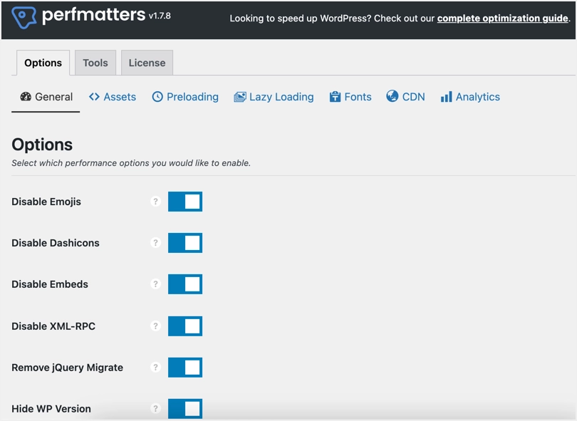 Paramètres du plugin Perfmatters