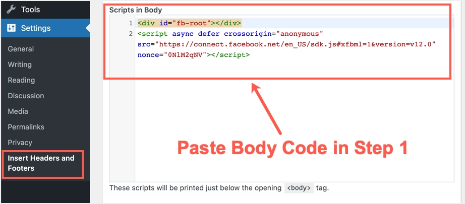 Coller le code du corps à l'étape 1