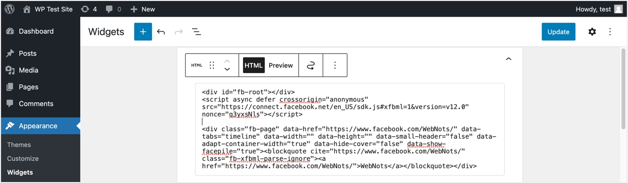 Coller le code du SDK JavaScript dans un bloc HTML personnalisé