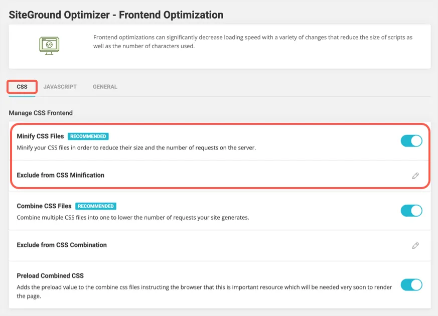 تصغير CSS في SiteGround Optimizer