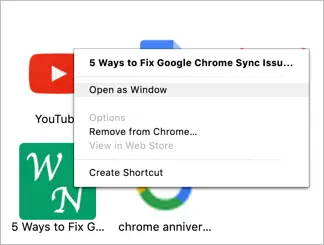 Otwórz jako okno z aplikacji Chrome na komputery Mac