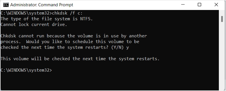 جدولة chkdsk بعد إعادة التشغيل