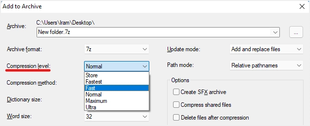 اضبط مستوى الضغط في 7-Zip