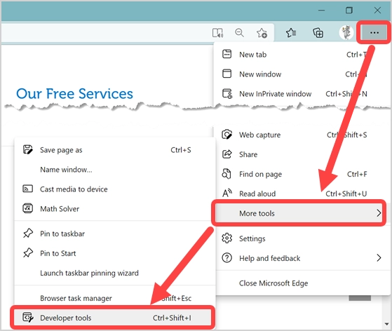 Abra as ferramentas do desenvolvedor nas configurações do Edge