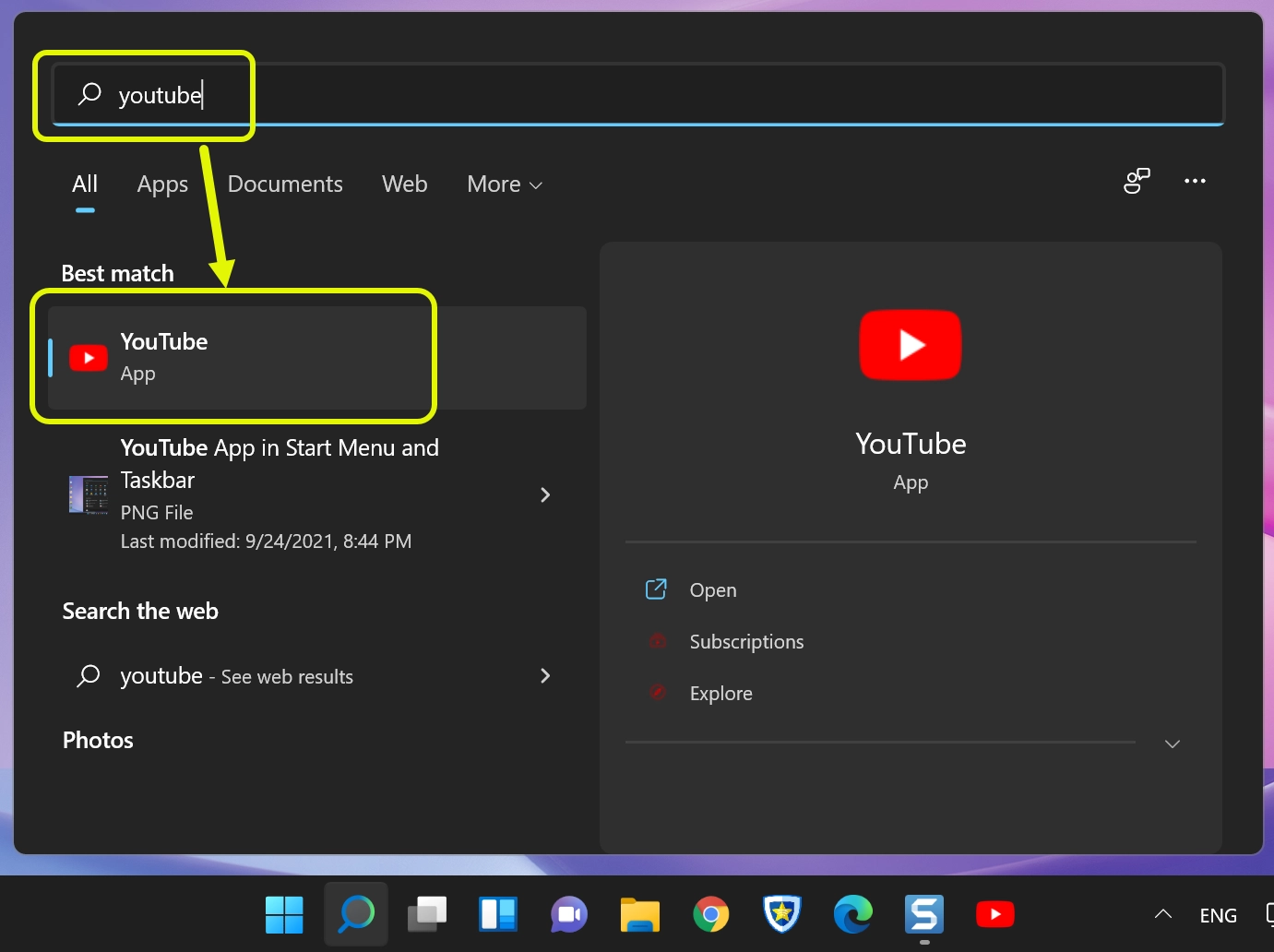 Rechercher l'application YouTube dans Windows 11