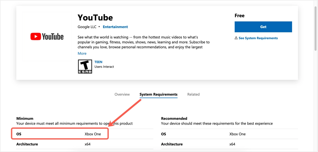 Application YouTube dans le Microsoft Store