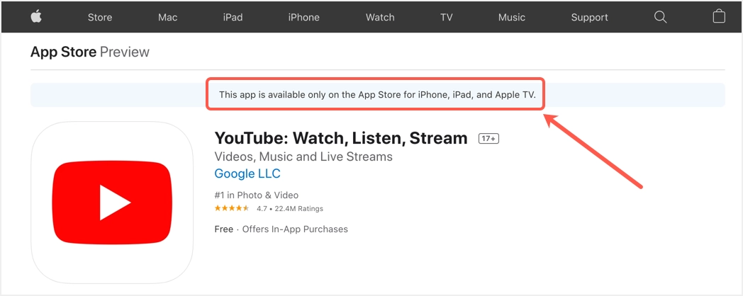 Application YouTube non disponible pour Mac