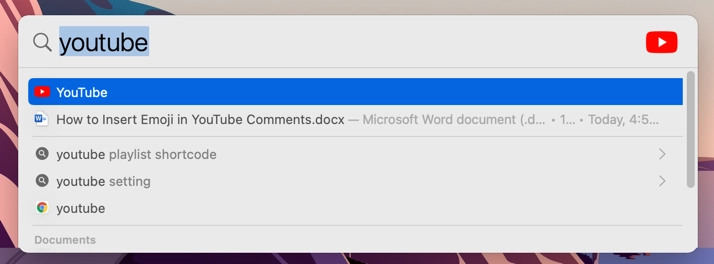 Application YouTube dans la recherche Spotlight