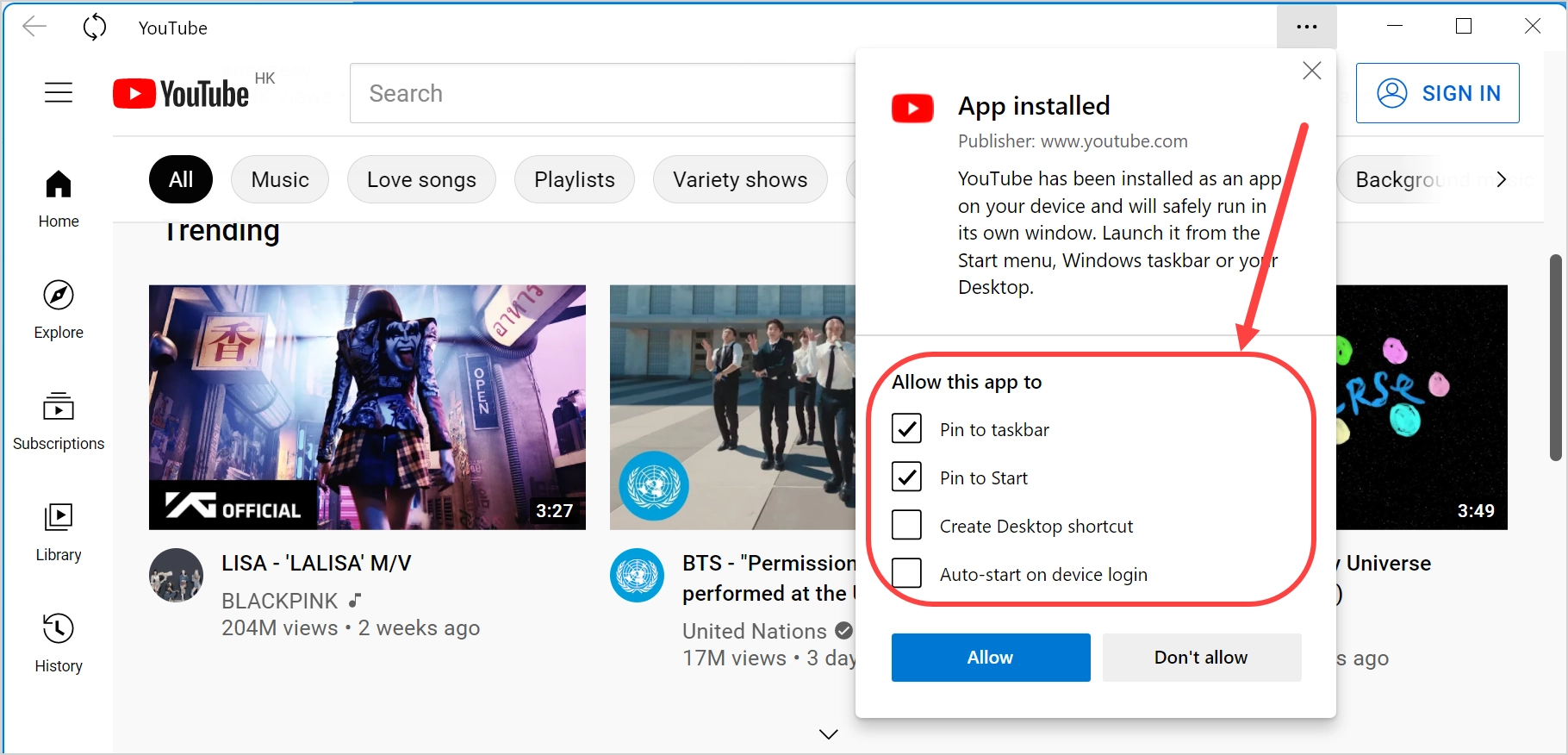 Application YouTube installée dans Windows 11