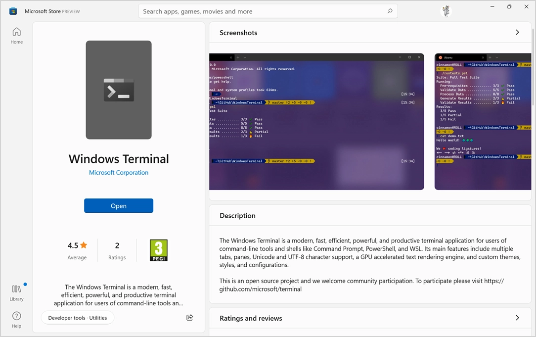 Application Terminal Windows dans le Microsoft Store