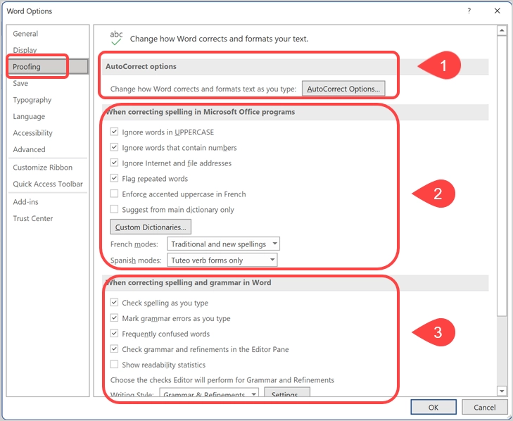 Options de vérification de texte