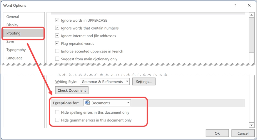 Vérification des exceptions dans Word