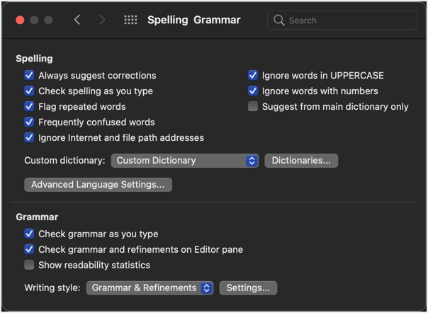 Préférences du vérificateur de grammaire orthographique dans Word Mac