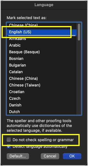 Vérification de la langue dans Word Mac