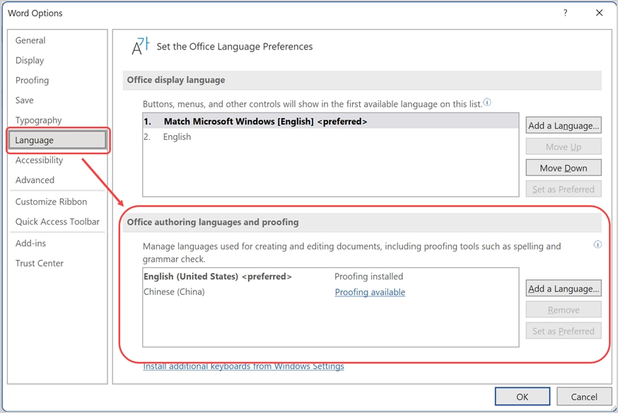 Langue de vérification dans Word