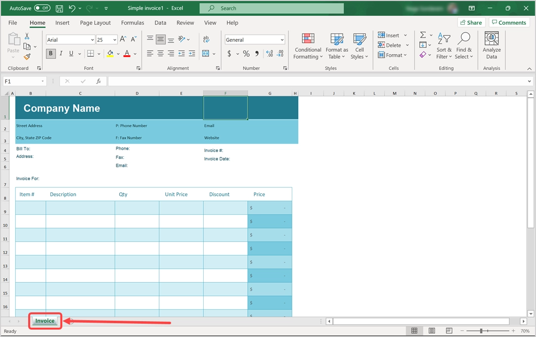 Modèle Excel de facture d'entreprise