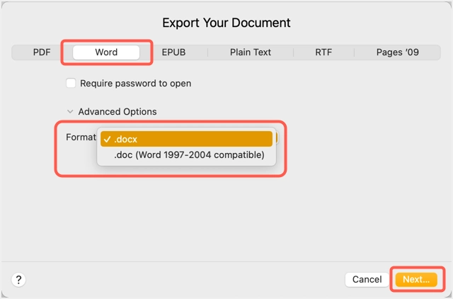 Sélectionnez le format docx