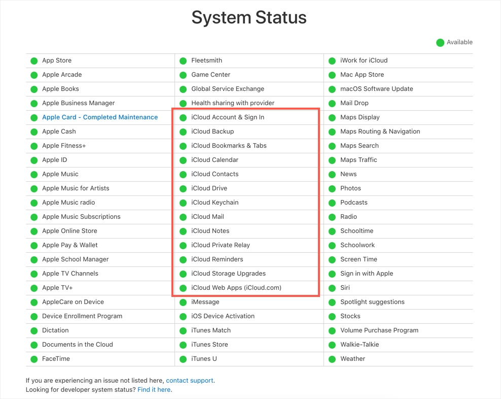 تحقق من حالة نظام Apple