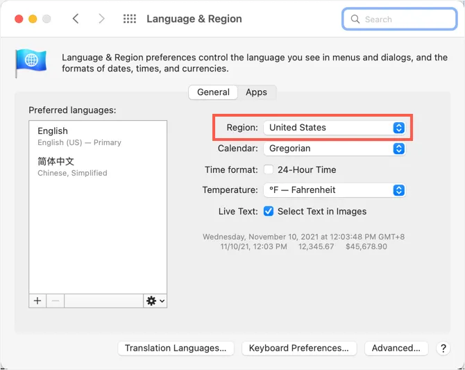 تم تغيير المنطقة إلى الولايات المتحدة في نظام التشغيل Mac