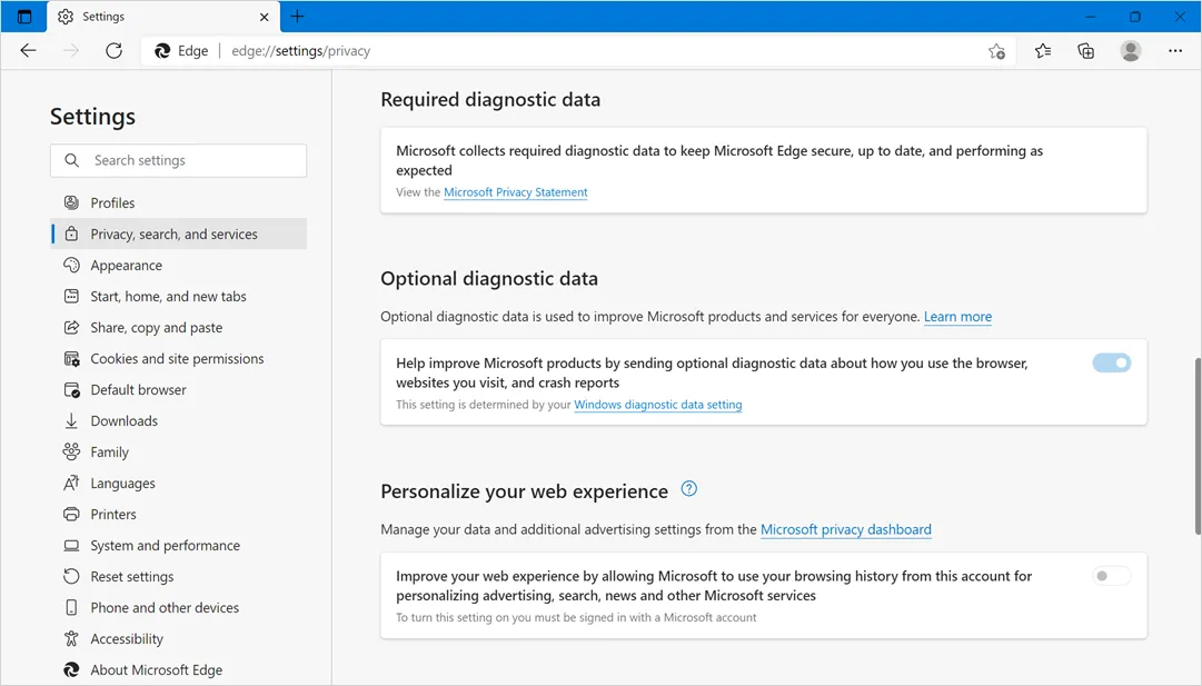 Désactiver le partage de données Edge avec Microsoft