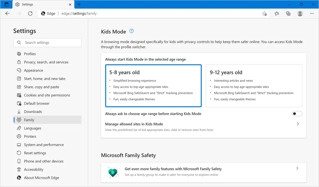 Mode enfants Edge et fonctions de sécurité familiale