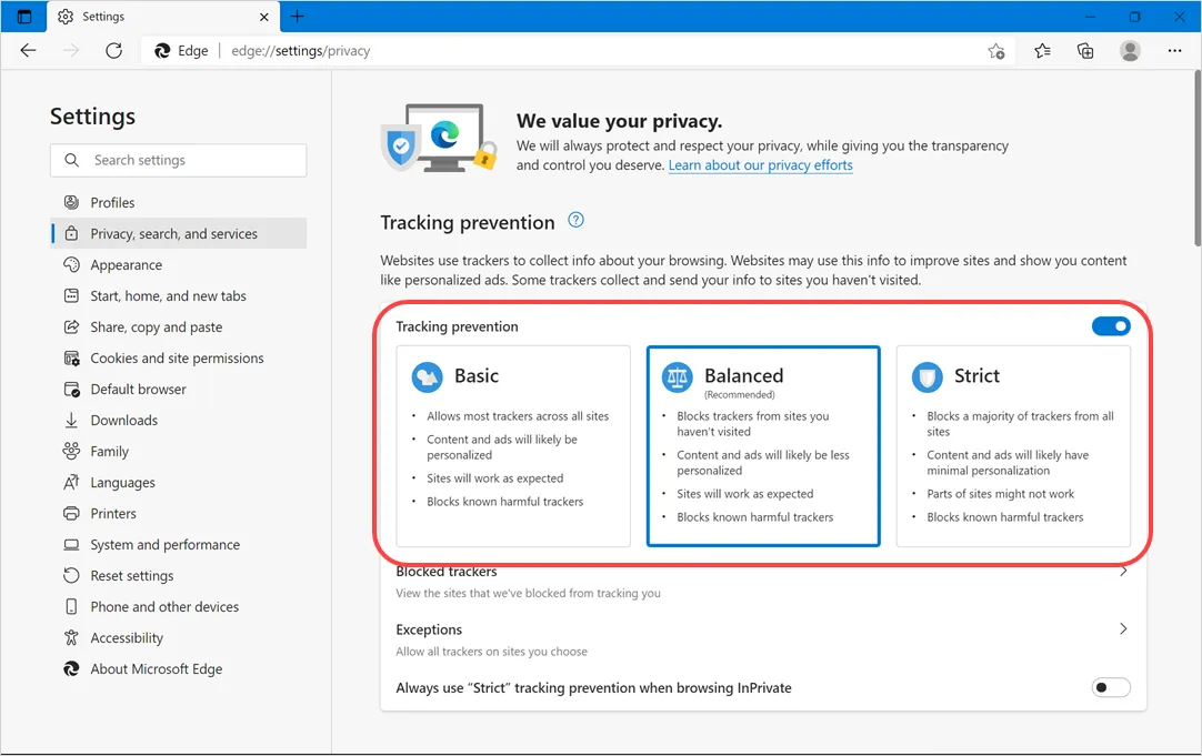 Configuration de la prévention du suivi dans Edge