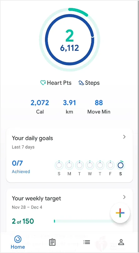 Schermata principale di Google Fit