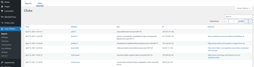 Easy Affiliate clicks report