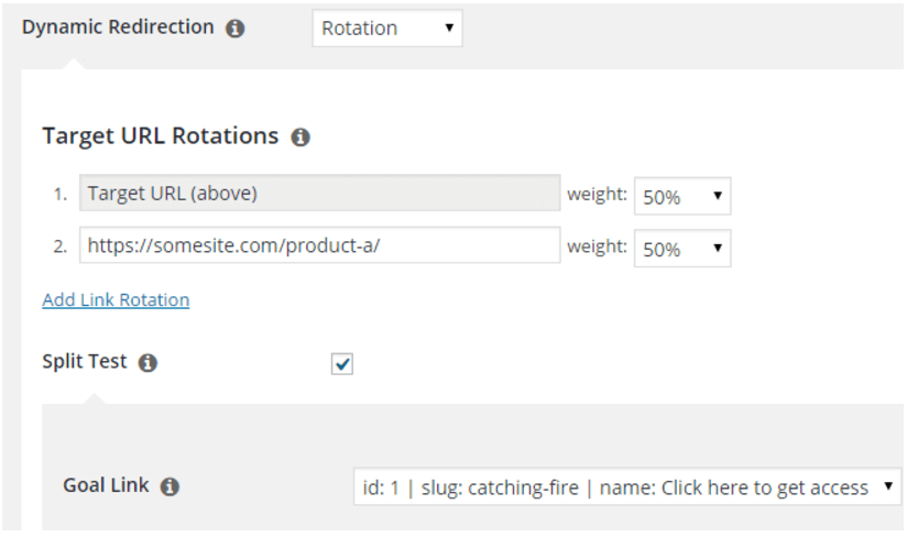 The set up for Pretty Links split testing