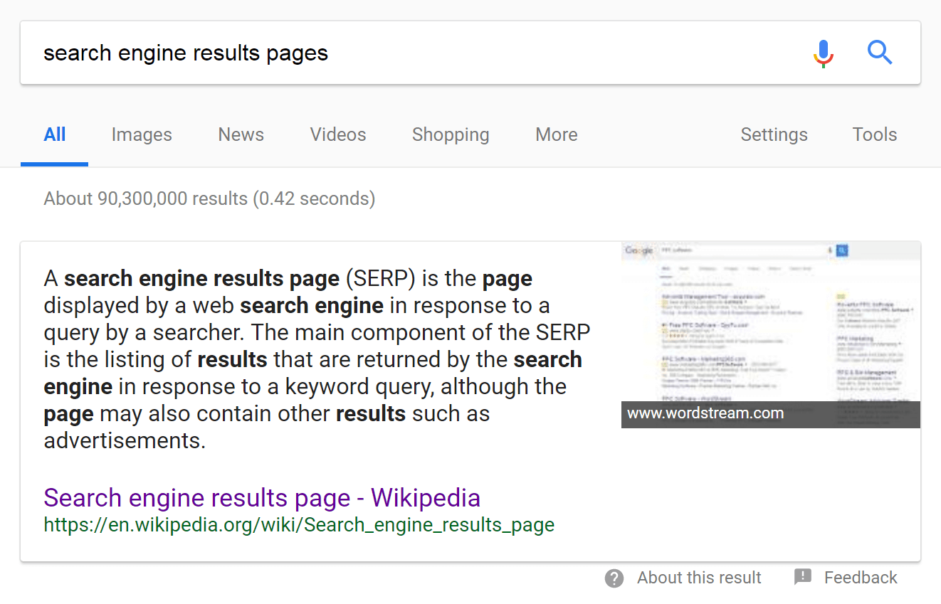 An example of a Google Search Engine Results Page (SERP)