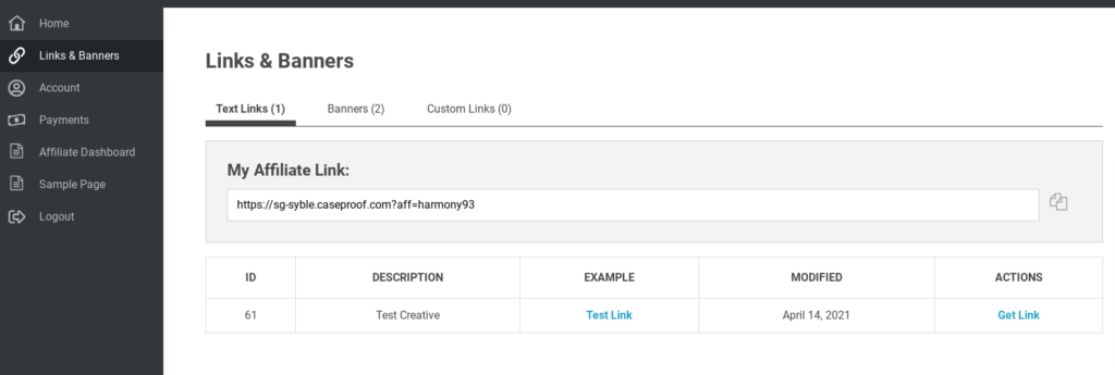 Easy Affiliate Affiliate Dashboard Links and Banners screen