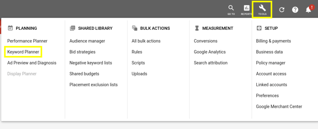 The Google Keyword Planner tool.