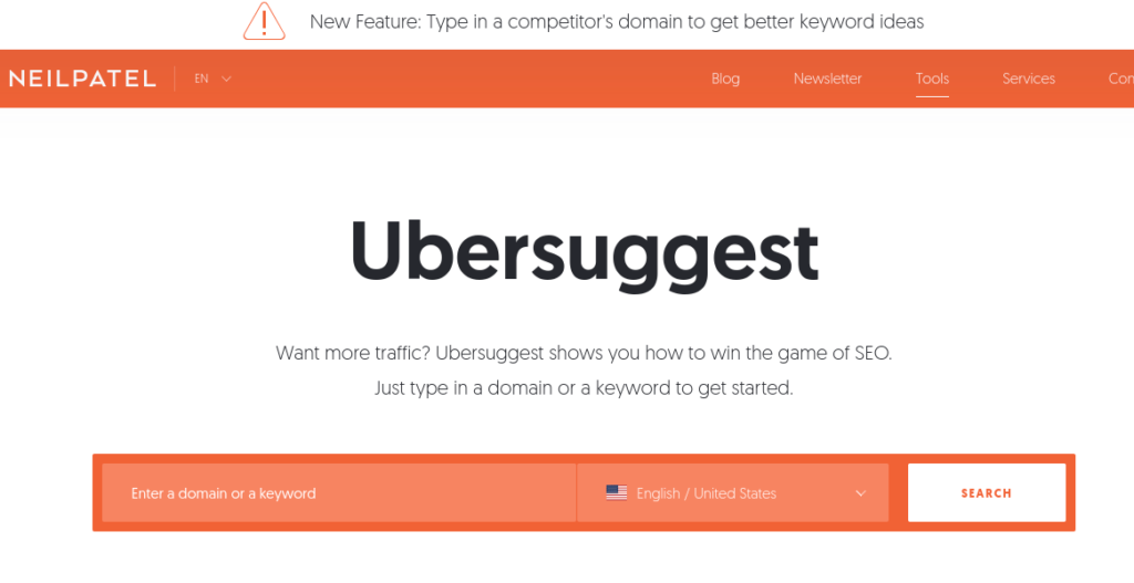 The Ubersuggest home page.