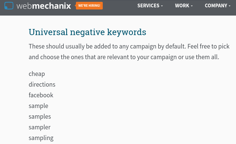 WebMechanix list of universal negative keywords.