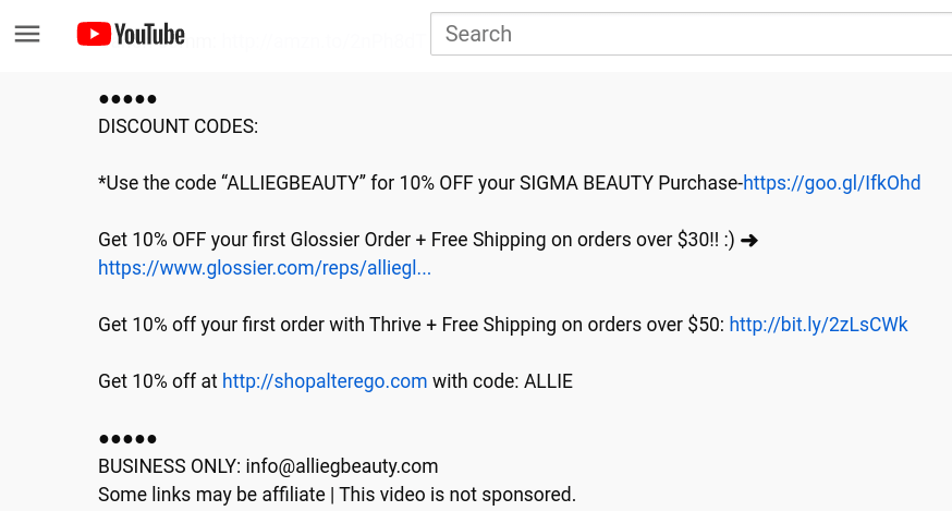 Affiliate links and discount codes in a YouTube video description.